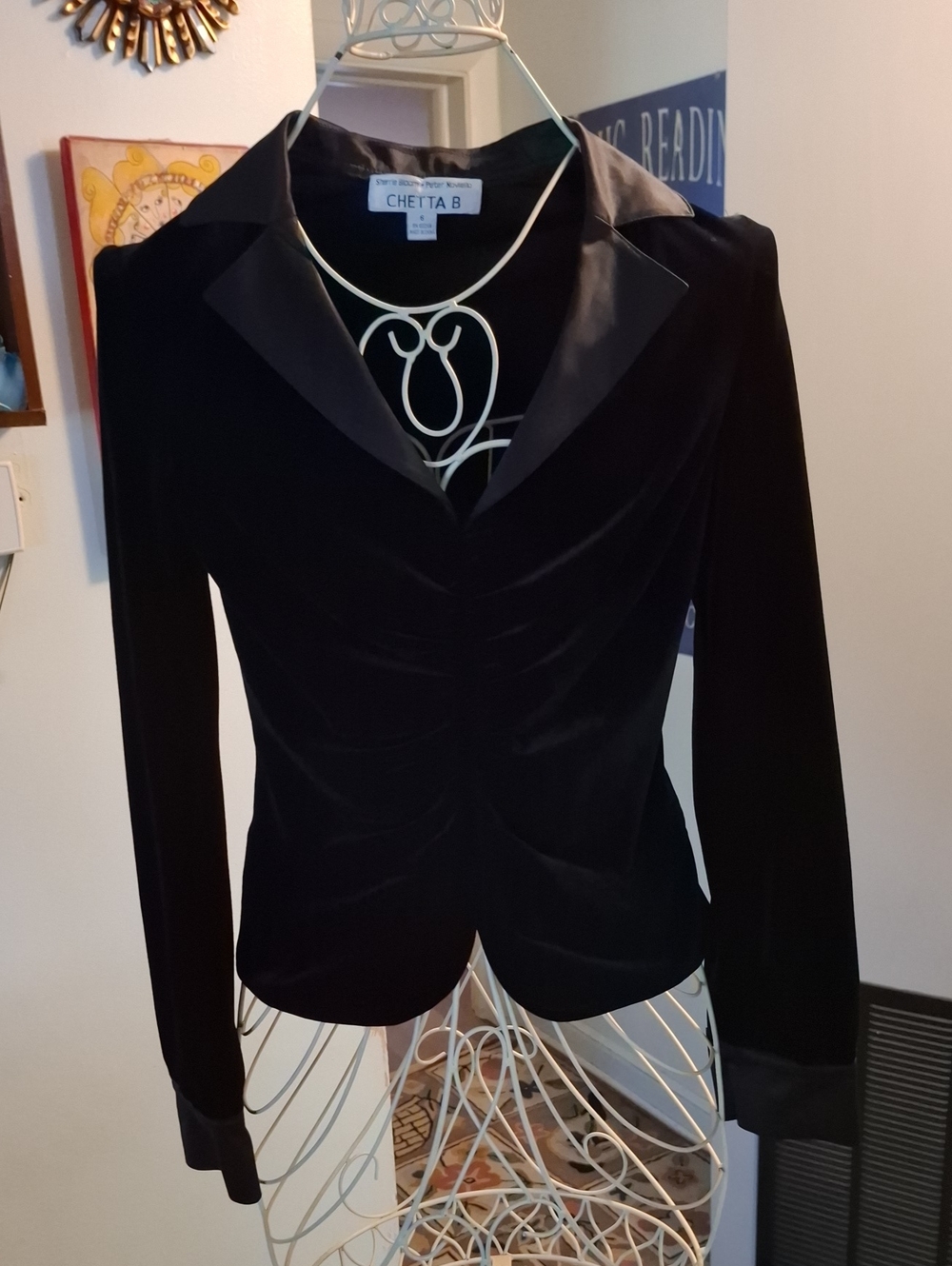 90s Chetta B Women's Black Velvet Satin Collar Long Sleeve Top Sz 6